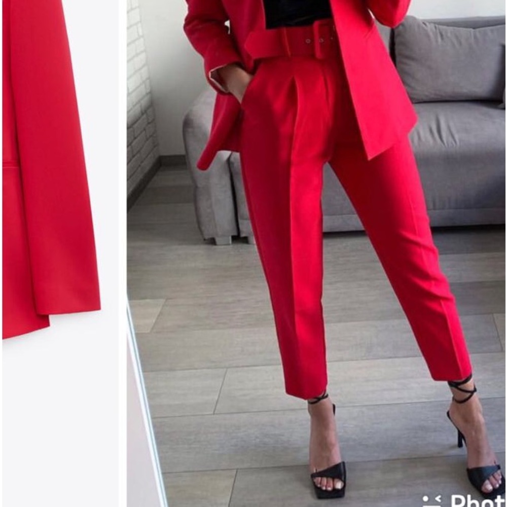 Zara HIGH-WAIST SKINNY TROUSERS W/ BELT RED COLOR NEW